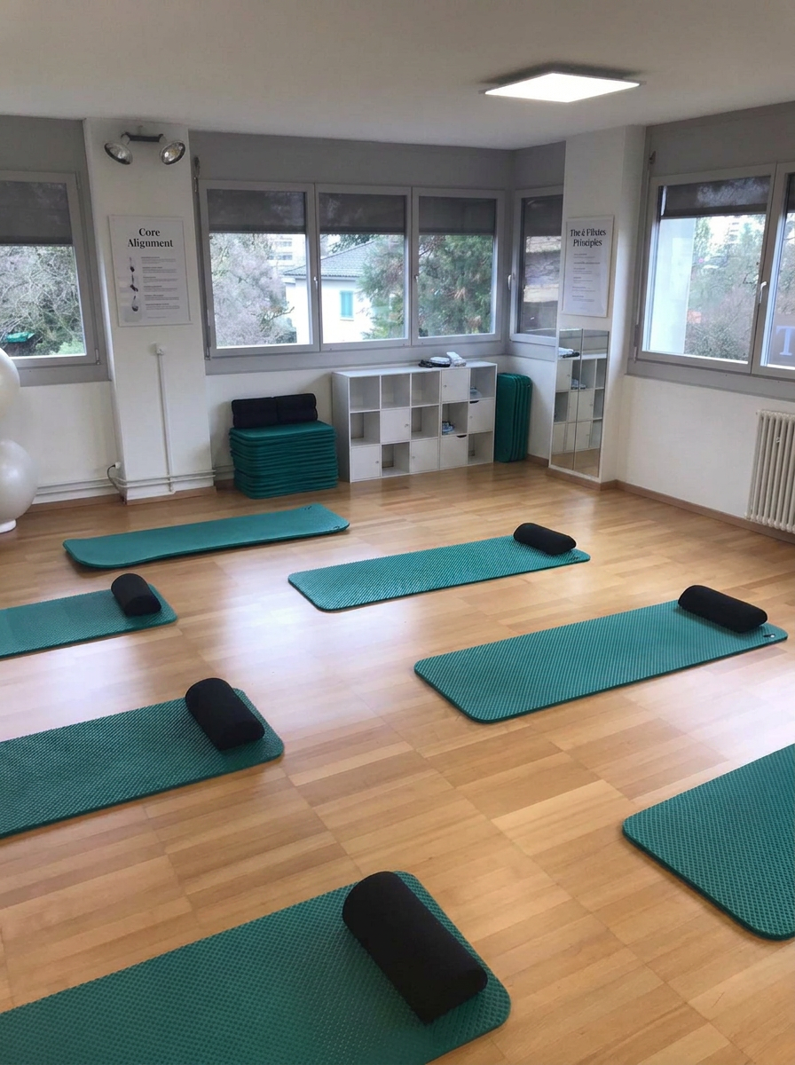 Salle de Pilates lumineuse à Onex avec tapis verts et parquet en bois