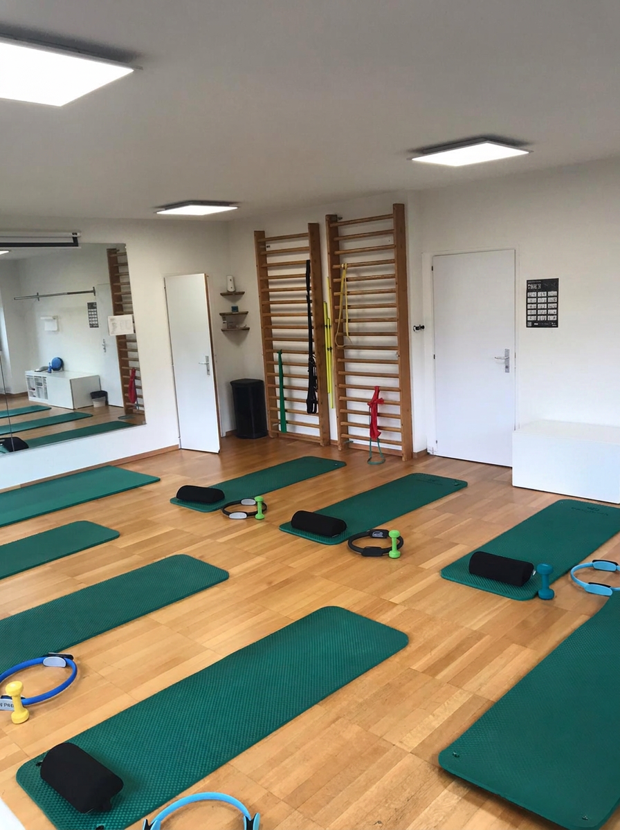 Vue de la salle de Pilates avec espaliers en bois et miroirs