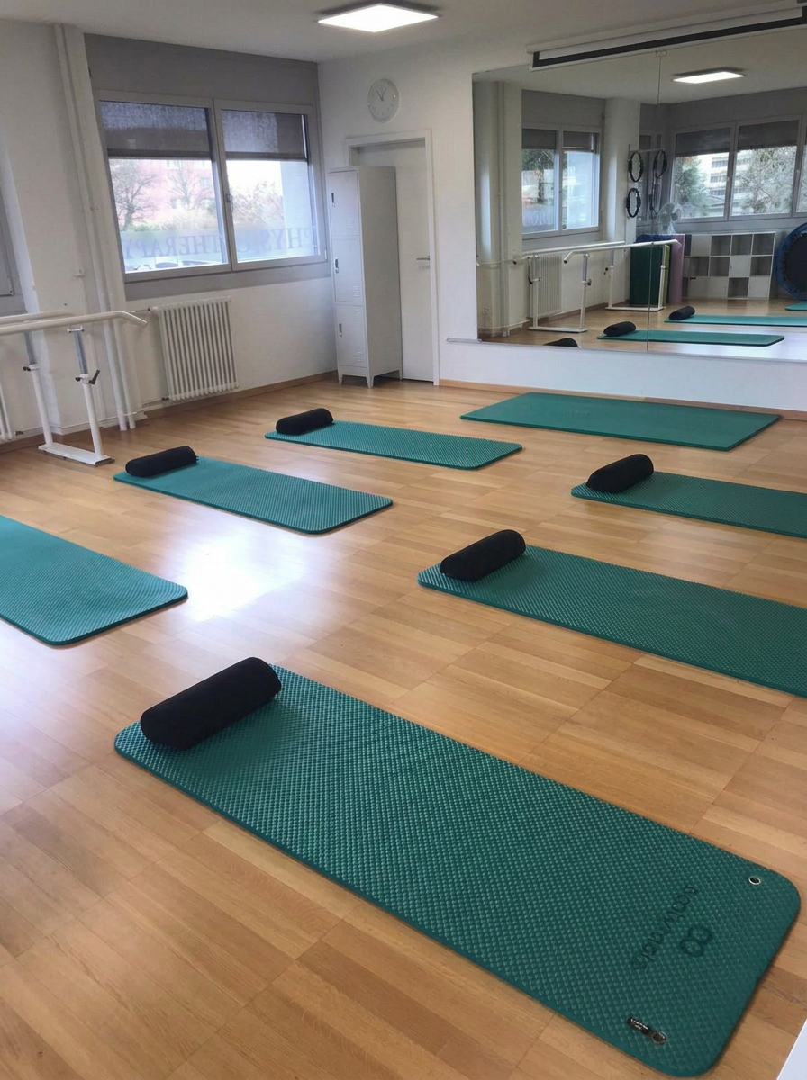 Salle de Pilates à Onex avec tapis verts et miroirs