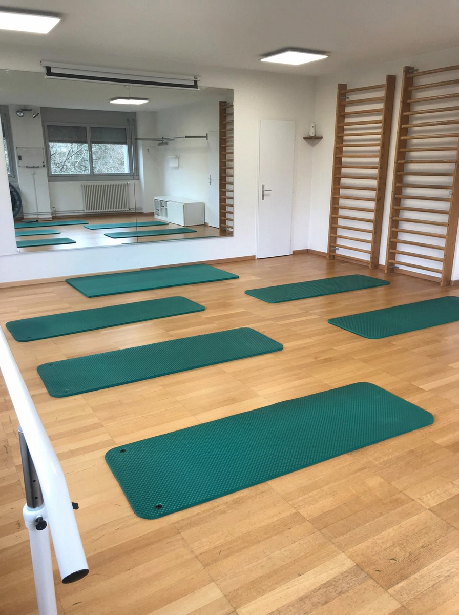 Vue large de la salle de Pilates avec parquet et miroir