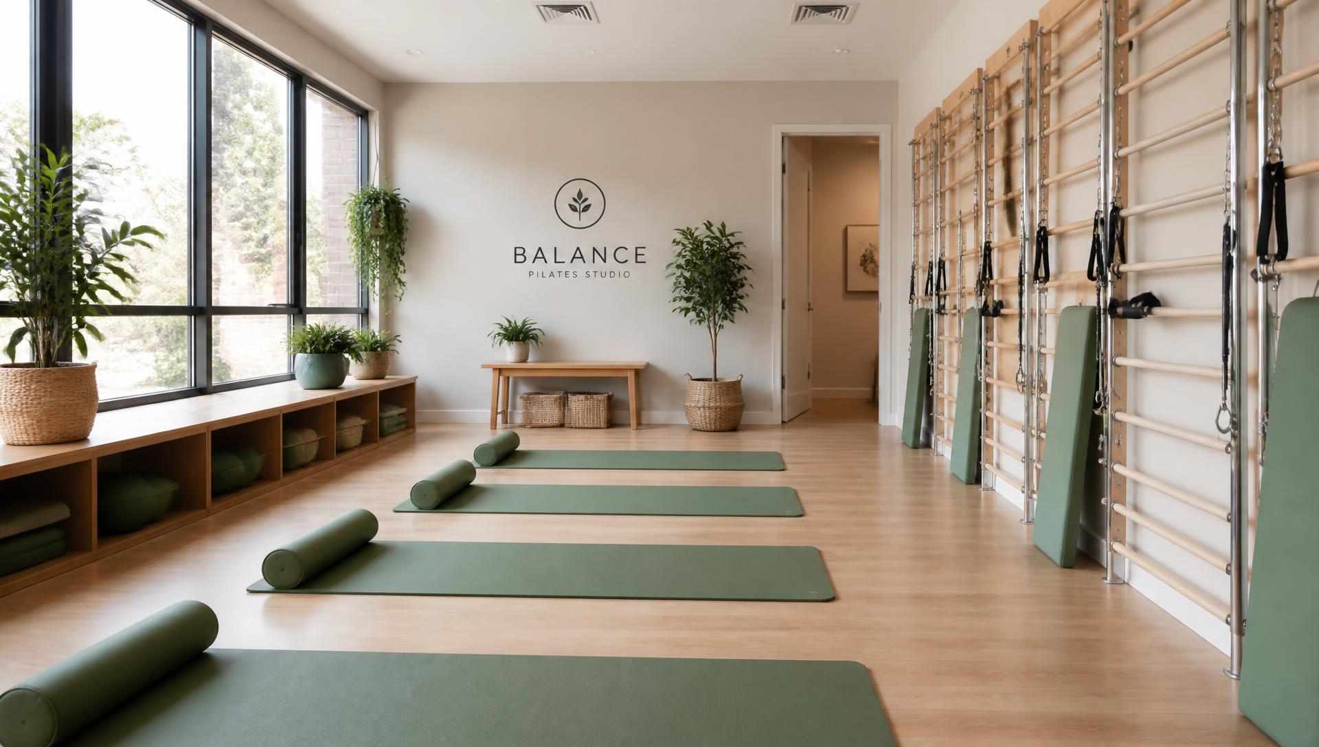 Salle de Pilates lumineuse à Onex avec tapis verts et espaliers